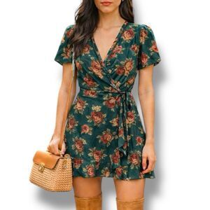 Band of Gypsies Green Floral Wrap Mini Boho Festival Dress